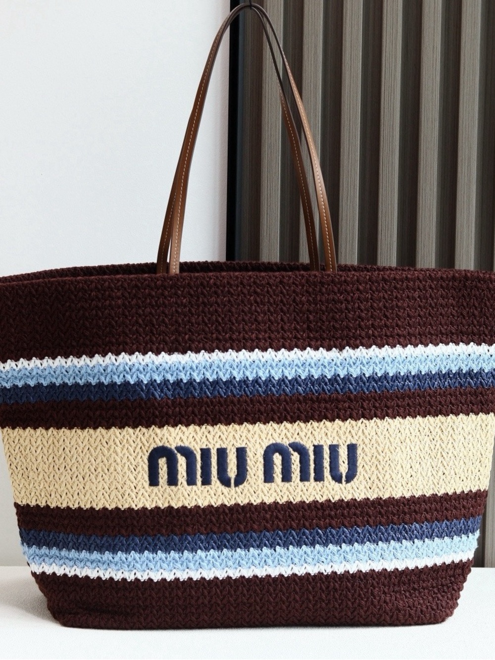 Miu Miu Brown, Cream & Blue Striped Crochet Tote